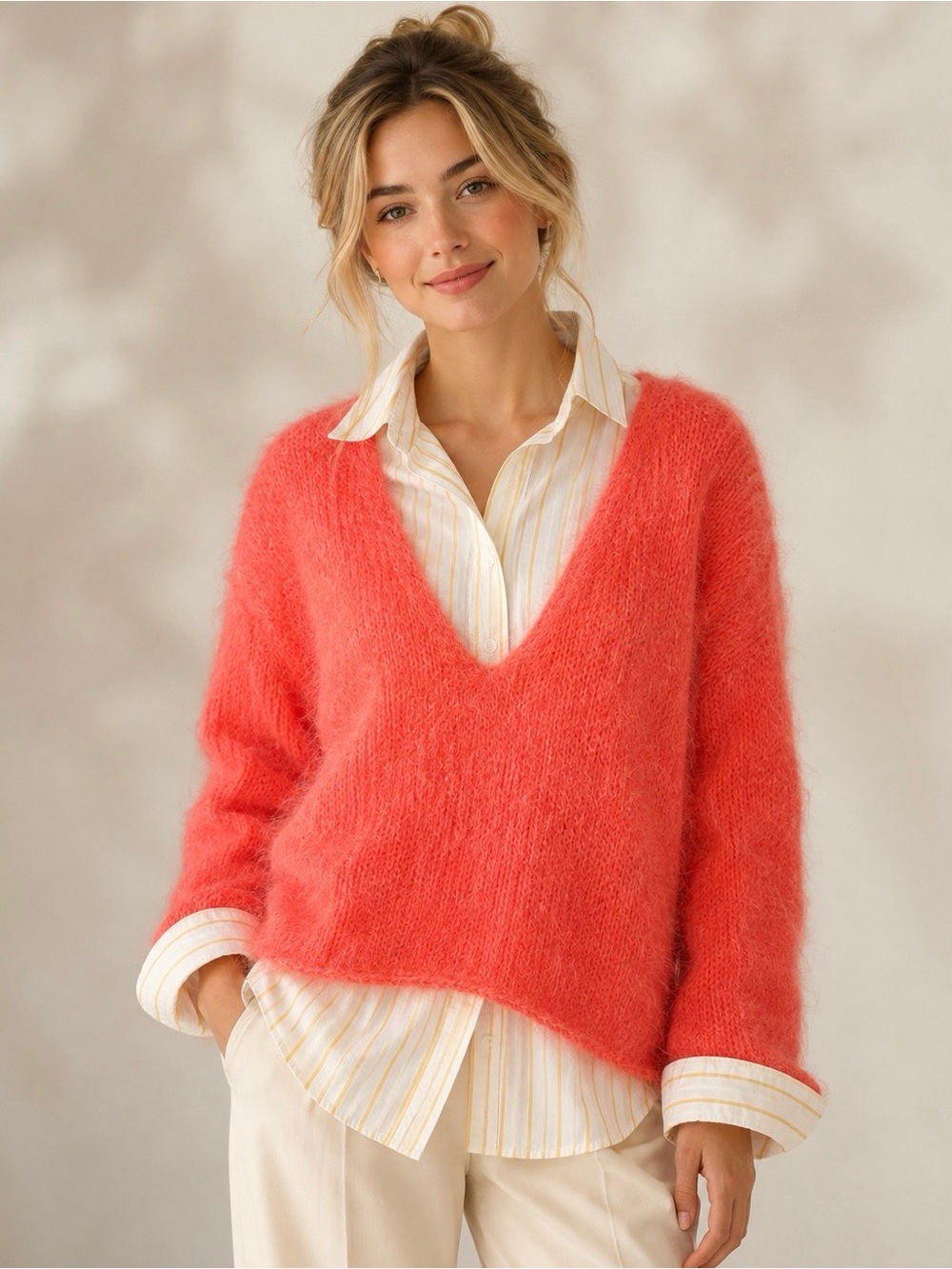 Hand Knitted Coral Salmon V-Neck Fuzzy Mohair Blend Sweater size medium large